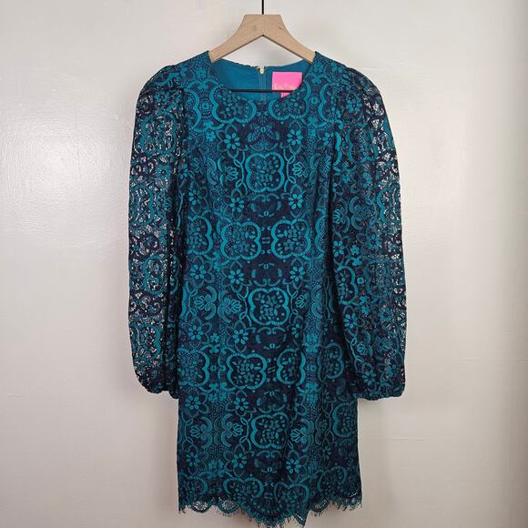 Lilly Pulitzer Georgi Lace Puff Sleeve Dress 4 Valencia Teal Blue Mini Sheath - Picture 2 of 12